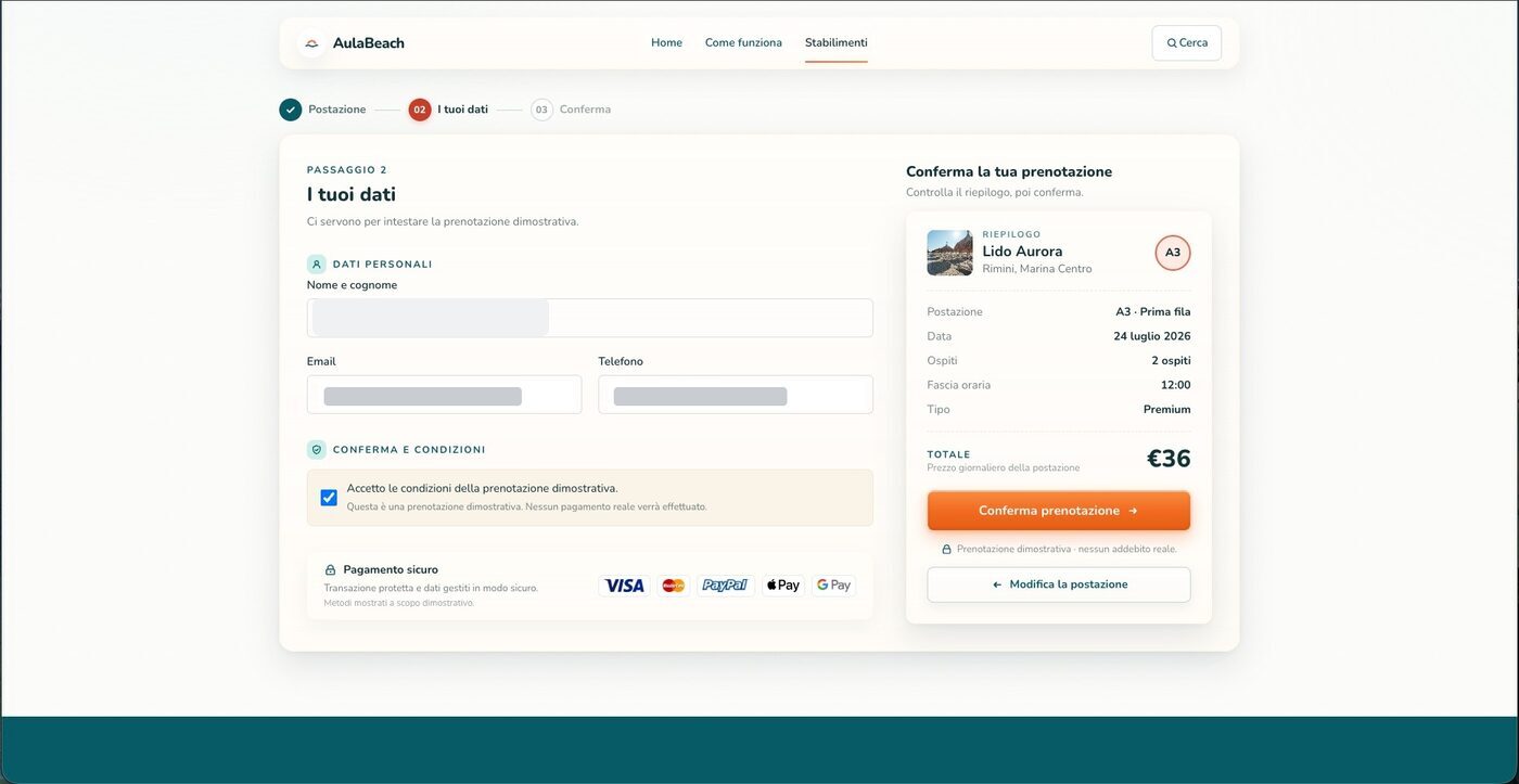 Step two: masked name, email and phone fields with demonstration booking conditions.