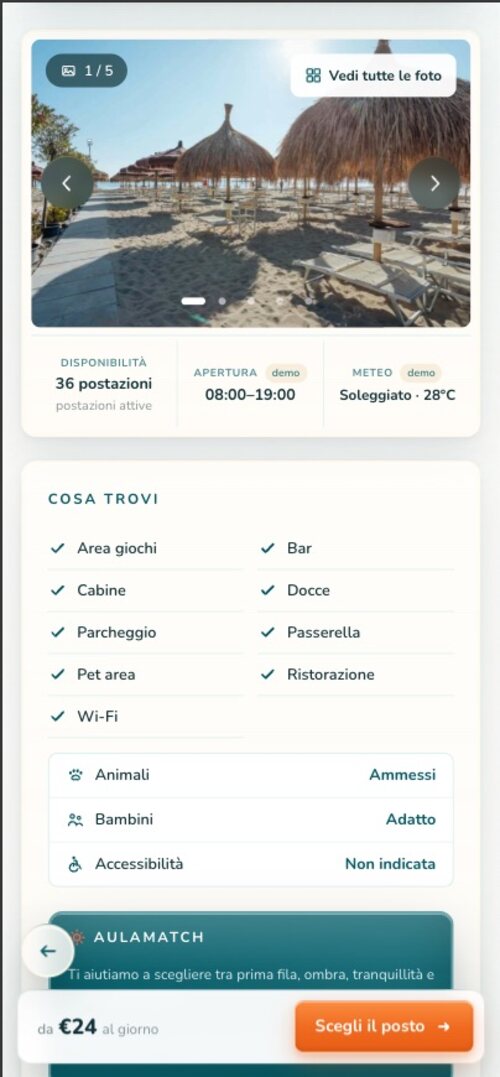 AulaBeach on a phone: beach club details, services, availability, and a pinned action.
