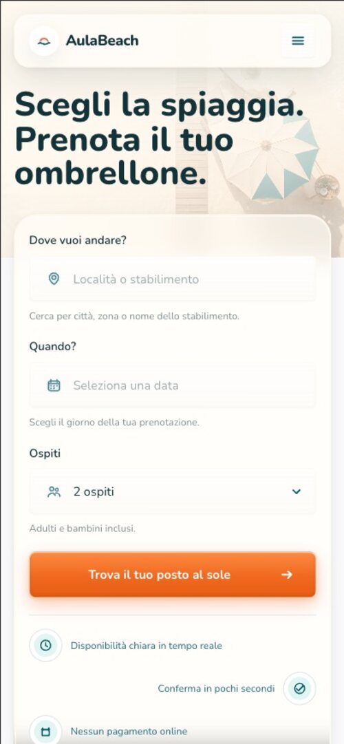 AulaBeach on a phone: destination, date, guests, and the search action.
