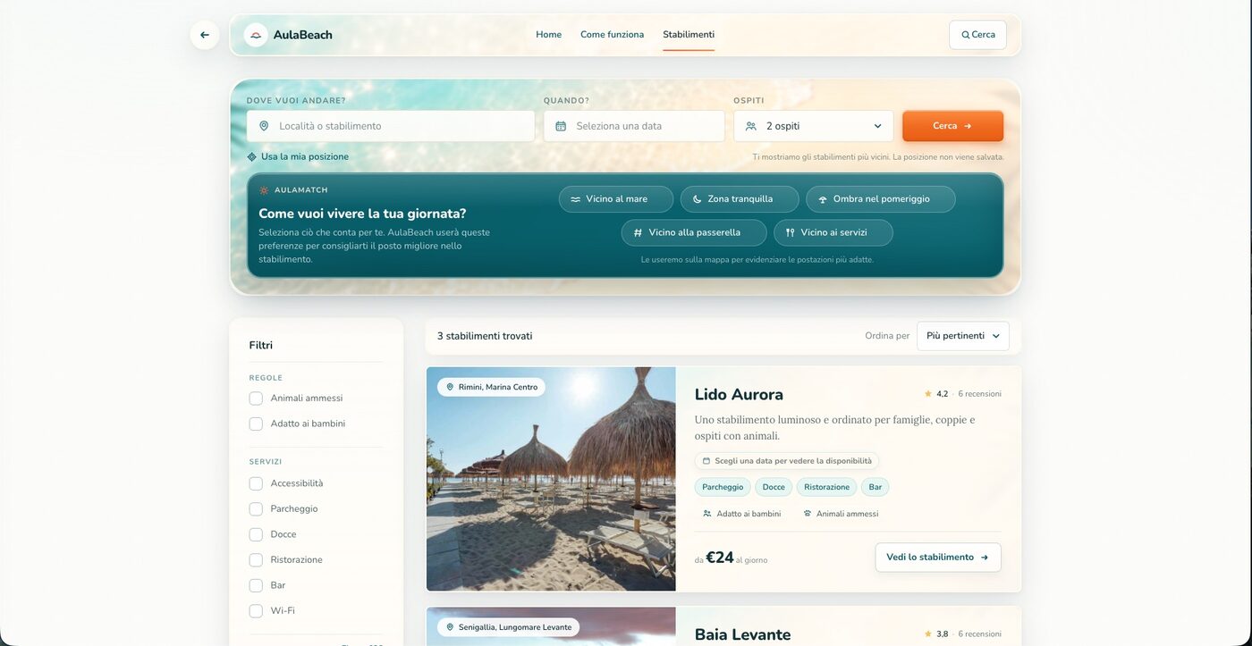 AulaBeach search results with preference controls, filters, and three beach clubs with pricing and ratings.