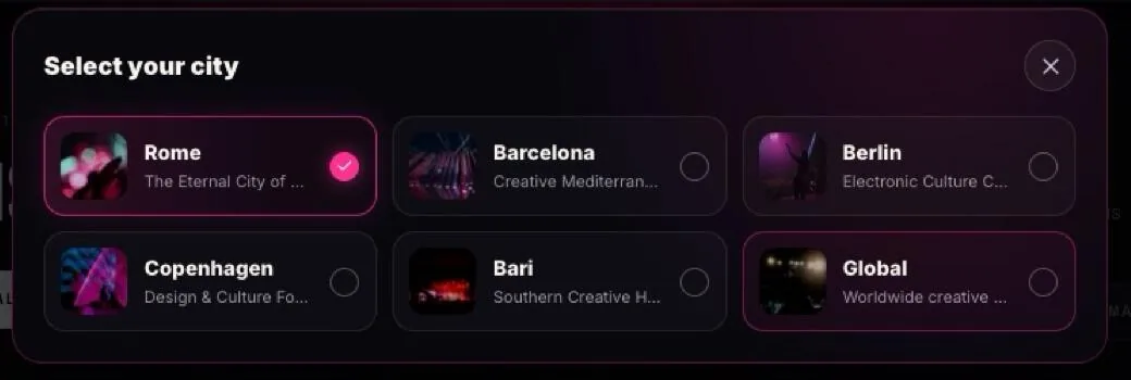 Novera city selector dialog offering Rome, Barcelona, Berlin, Copenhagen, Bari and Global, with Rome selected.