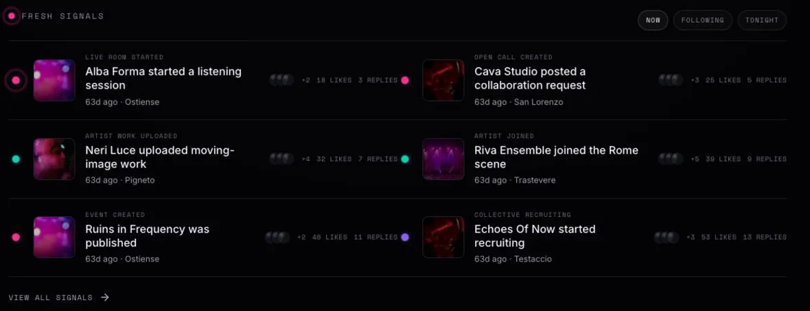 Six activity rows: a listening session started, artist work uploaded, an event published, a collaboration request, an artist joining and a collective recruiting.