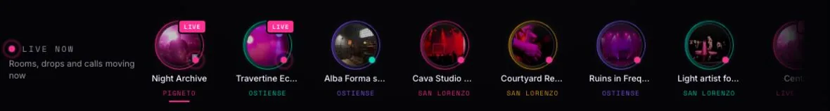 A row of district cards: Night Archive in Pigneto, Travertine Echoes in Ostiense, Alba Forma in Ostiense and further rooms in San Lorenzo.