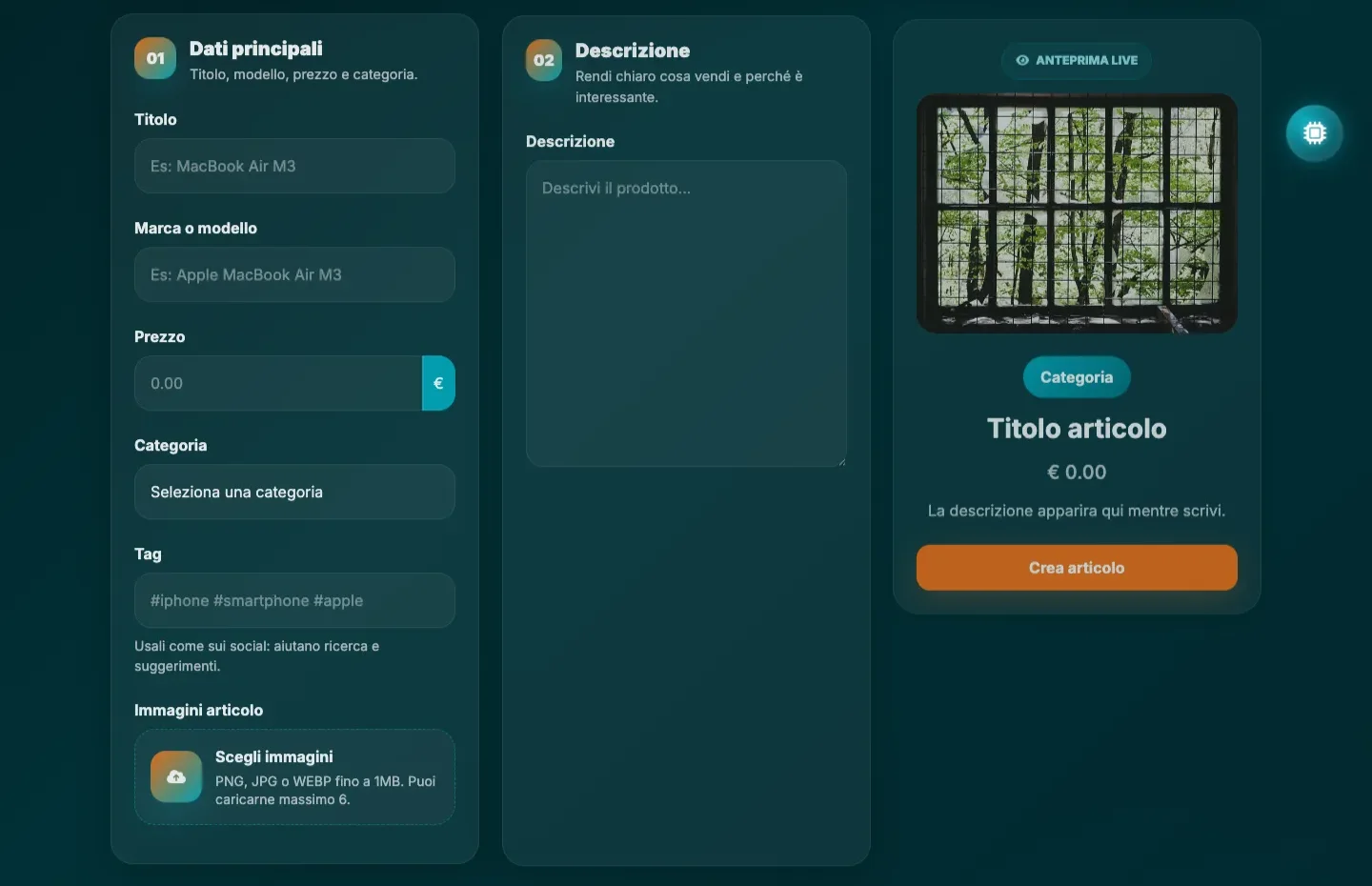 The VendoHub listing composer, with the live preview redrawing beside the form.