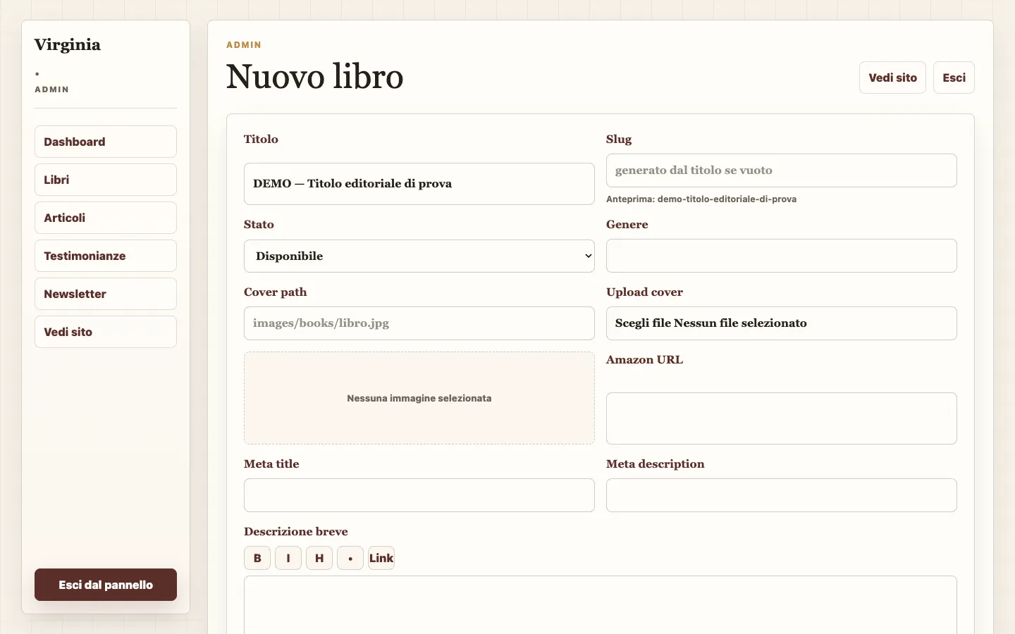 The admin book form with a title entered and a live slug preview shown beneath the empty slug field.
