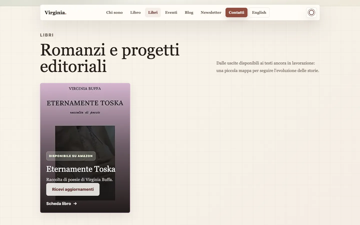 The Virginia books archive at 1440 pixels, headed Romanzi e progetti editoriali.