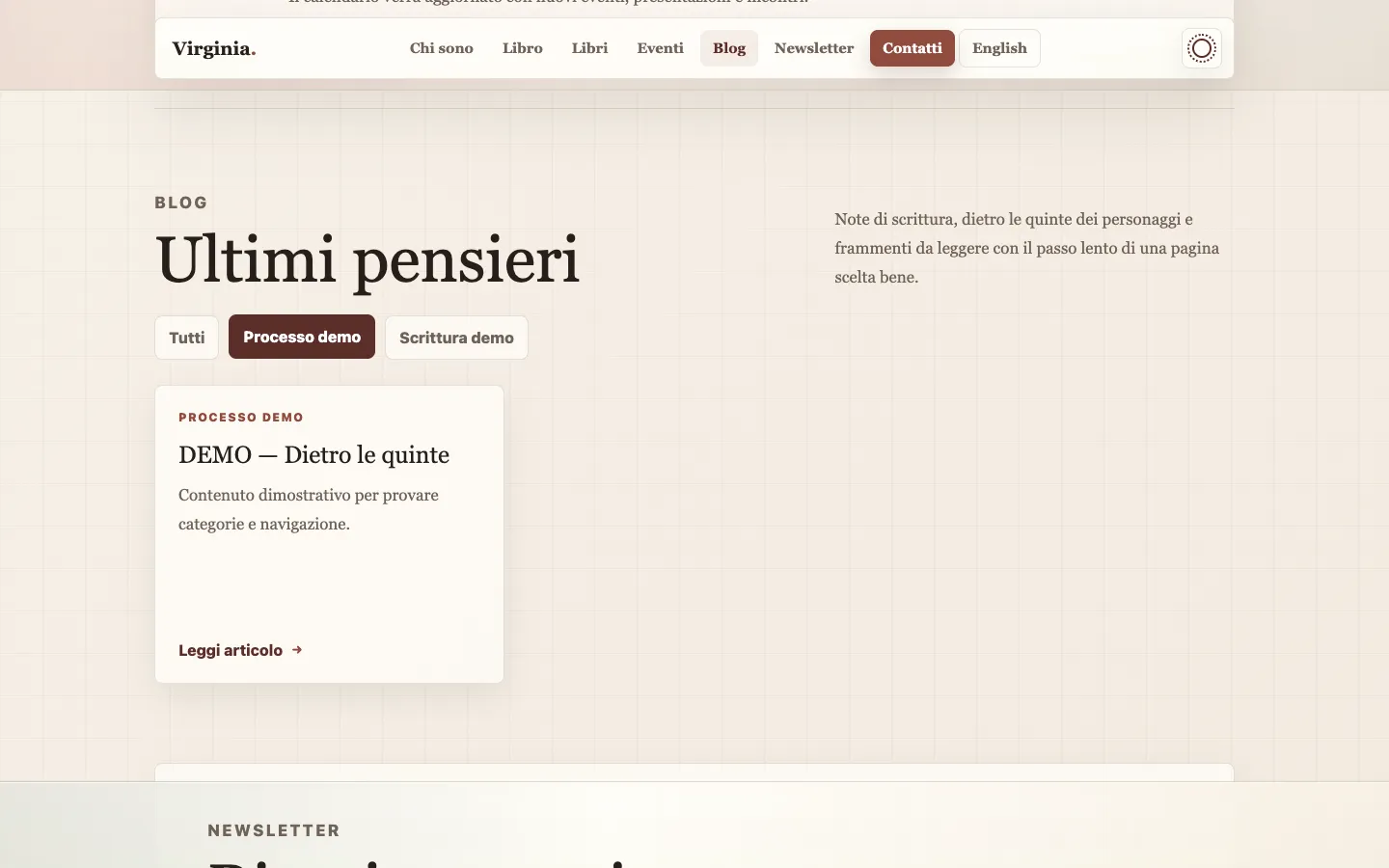 The blog section filtered to a single category, with the active category button marked.